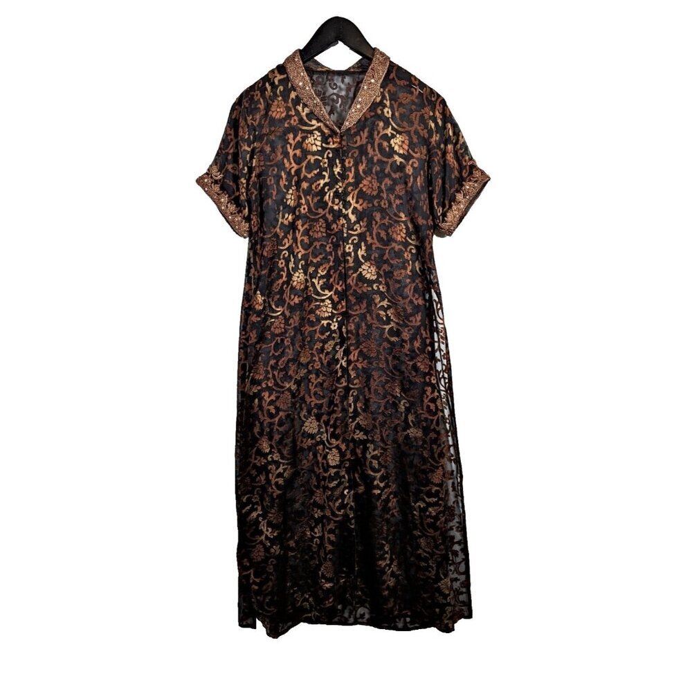 Handmade Vintage Maxi Floor Length Split Kurta Kaftan Metal Beaded Robe S-M